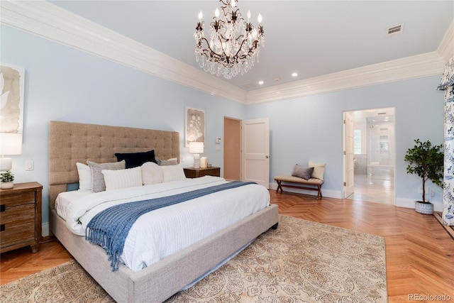 bedroom with baseboards, recessed lighting, visible vents, and crown molding