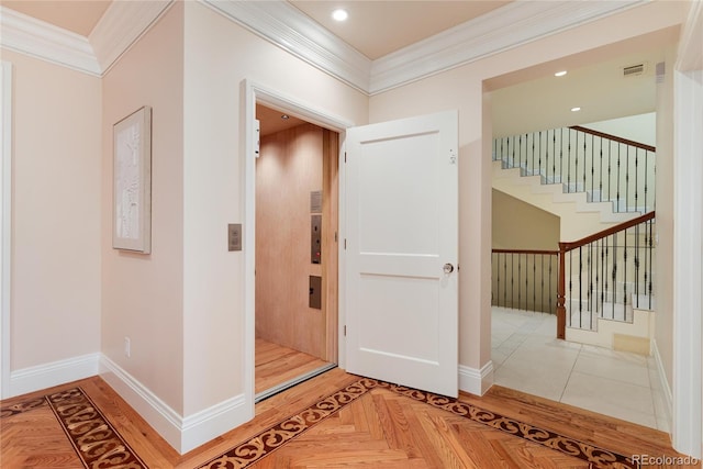 hall featuring stairway, baseboards, crown molding, and recessed lighting