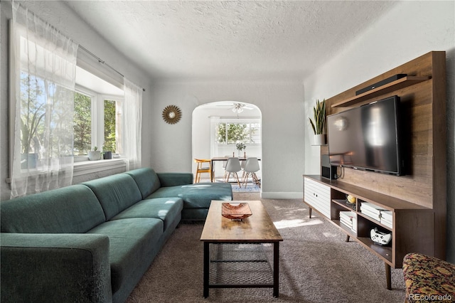 60 Vrain St, Denver, CO 80219 - living area featuring a textured ceiling, arched walkways, ceiling fan, and carpet floors