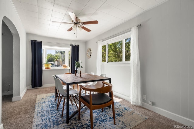 60 Vrain St, Denver, CO 80219 - dining room with arched walkways, light carpet, and a ceiling fan