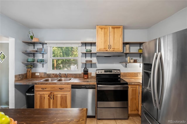 60 Vrain St, Denver, CO 80219 - kitchen with open shelves, appliances with stainless steel finishes, under cabinet range hood, and dark countertops