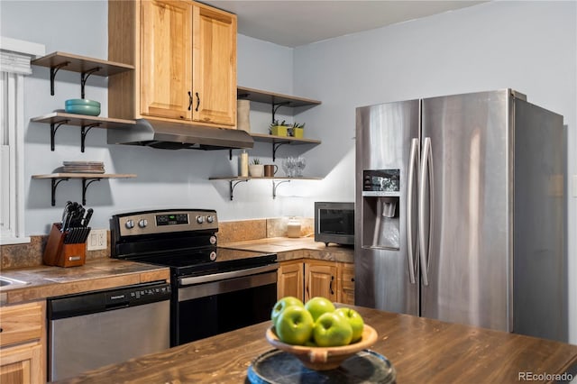 60 Vrain St, Denver, CO 80219 - kitchen with open shelves, appliances with stainless steel finishes, under cabinet range hood, and dark countertops