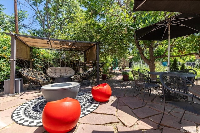 256 Bannock St, Denver, CO 80223 - view of patio featuring outdoor dining area and a pergola