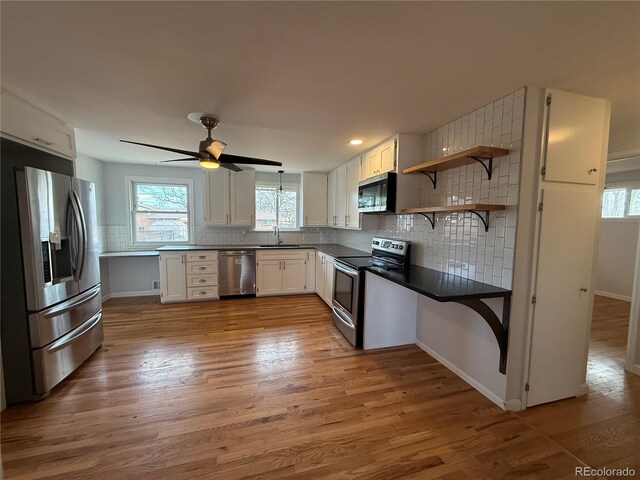4670 Independence St, Wheat Ridge, CO 80033 - kitchen featuring stainless steel appliances, a sink, tasteful backsplash, and wood finished floors