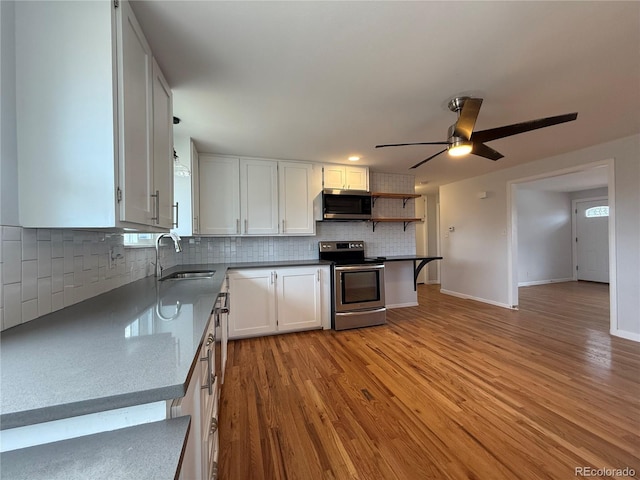 4670 Independence St, Wheat Ridge, CO 80033 - kitchen with stainless steel appliances, a sink, white cabinetry, decorative backsplash, and ceiling fan