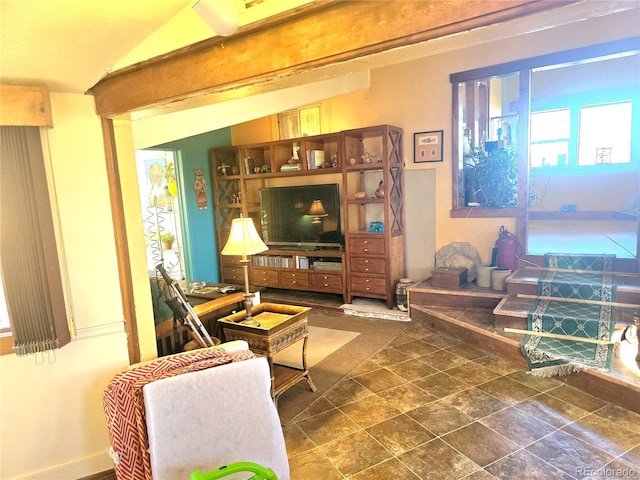 living room featuring lofted ceiling