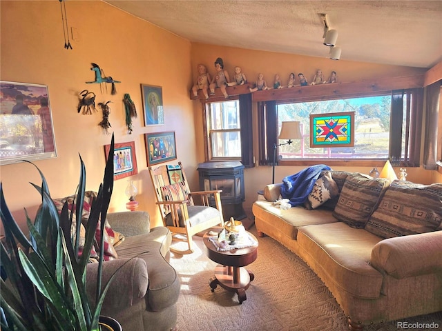 living room featuring lofted ceiling and a textured ceiling