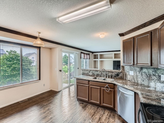 5553 Jasper St, Denver, CO 80239 - kitchen featuring dishwasher, tasteful backsplash, a textured ceiling, crown molding, and range with electric stovetop