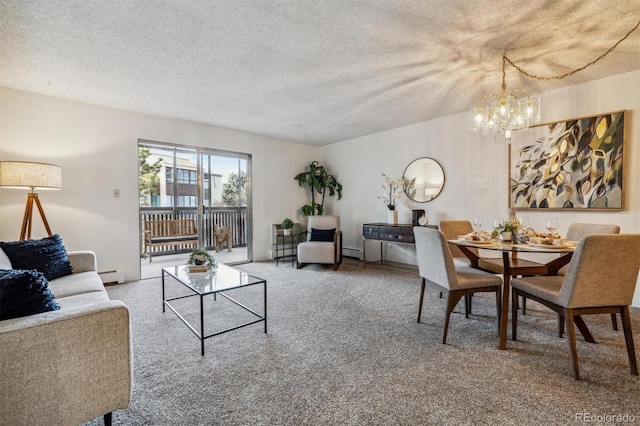 carpeted living room featuring baseboard heating, a textured ceiling, and a notable chandelier