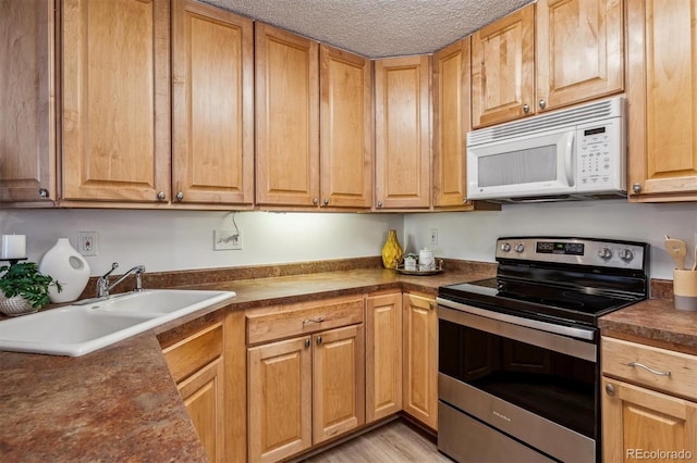 kitchen featuring light wood-type flooring, a textured ceiling, stainless steel electric stove, and sink