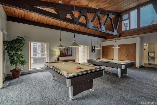 playroom with beamed ceiling, high vaulted ceiling, wood ceiling, and billiards