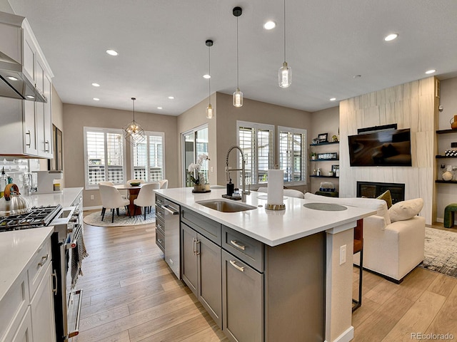 11464 Stonewash St, Littleton, CO 80125 - kitchen featuring stainless steel appliances, a sink, light countertops, light wood-type flooring, and gray cabinetry