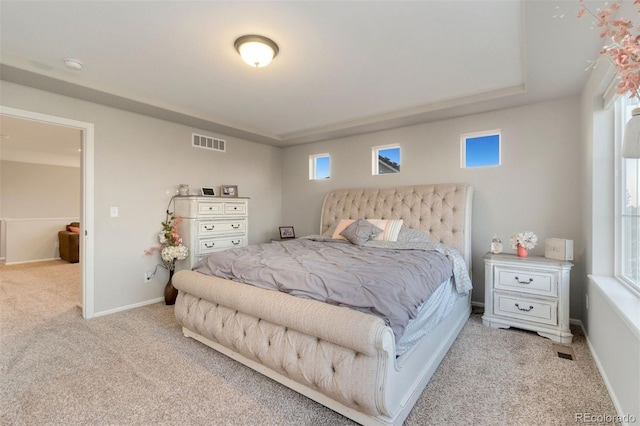 bedroom with a tray ceiling and light carpet