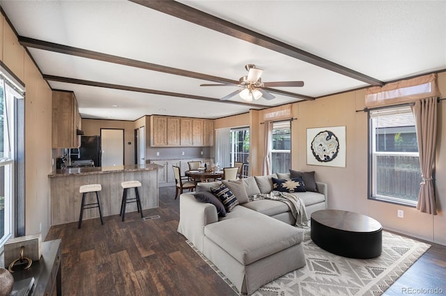 916 Glen Heather Ct, Dacono, CO 80514 - living area featuring dark wood-style floors, beam ceiling, and ceiling fan
