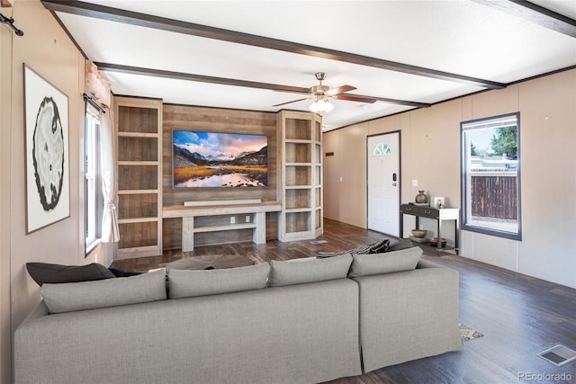 916 Glen Heather Ct, Dacono, CO 80514 - living room featuring wood finished floors, beam ceiling, and ceiling fan