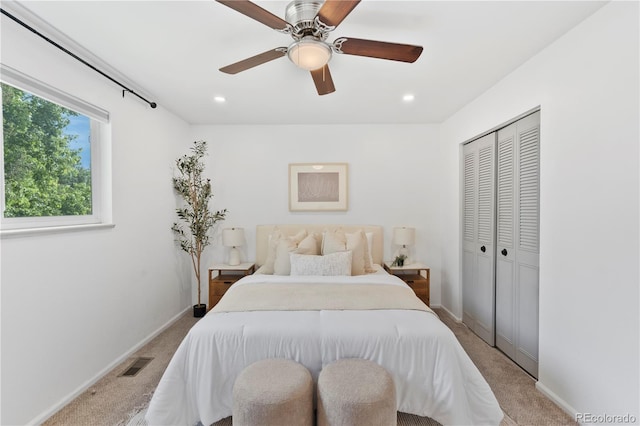 9123 W Arbor Ave, Littleton, CO 80123 - bedroom featuring a closet, light carpet, ceiling fan, and recessed lighting