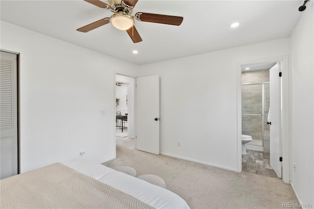9123 W Arbor Ave, Littleton, CO 80123 - bedroom with light colored carpet, recessed lighting, ensuite bathroom, and ceiling fan