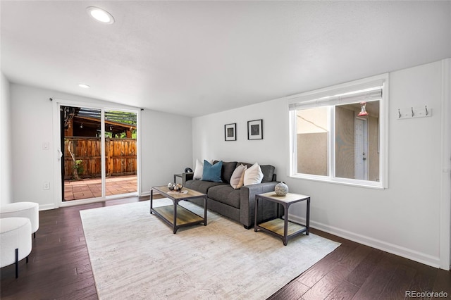 404 S Jasmine St, Denver, CO 80224 - living area featuring dark wood-style flooring, baseboards, and recessed lighting