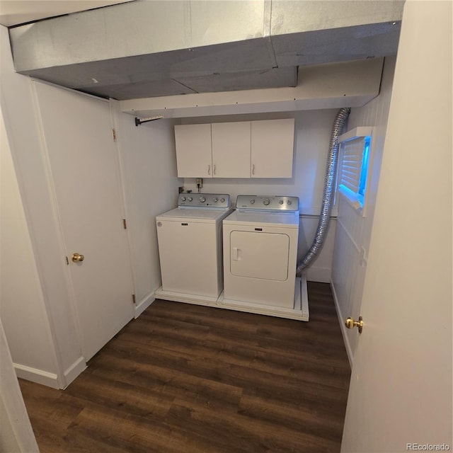 1512 12th Ave Unit 5, Greeley, CO 80631 - laundry room featuring separate washer and dryer, dark wood finished floors, cabinet space, and baseboards