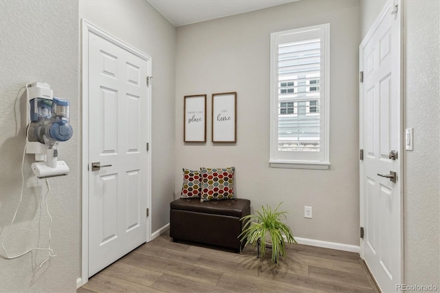 sitting room with baseboards and wood finished floors