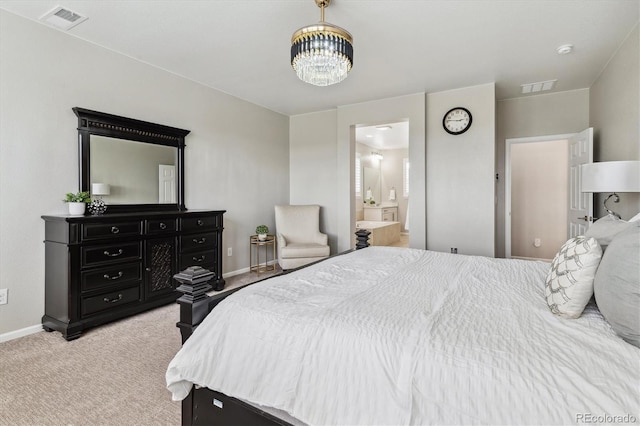 bedroom featuring visible vents, baseboards, light colored carpet, and an inviting chandelier