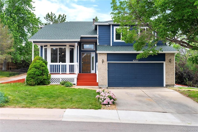 4257 S Andes Way, Aurora, CO 80013 - tri-level home with an attached garage, a shingled roof, concrete driveway, and brick siding