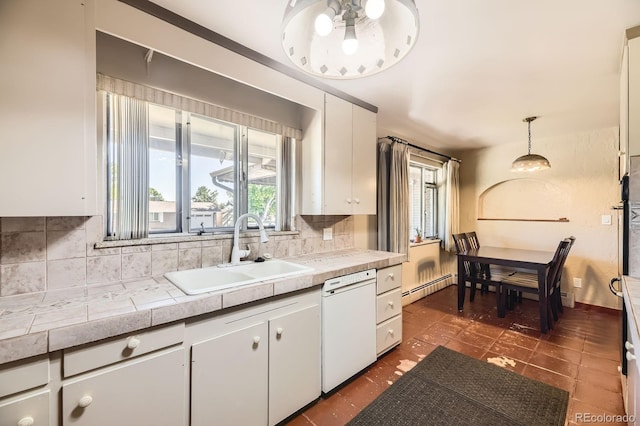 6710 W Nevada Pl, Lakewood, CO 80226 - kitchen with dishwasher, a baseboard radiator, backsplash, white cabinetry, and pendant lighting