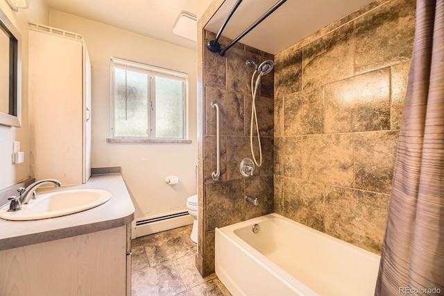 6710 W Nevada Pl, Lakewood, CO 80226 - bathroom with a baseboard heating unit, shower / bathtub combination with curtain, and vanity