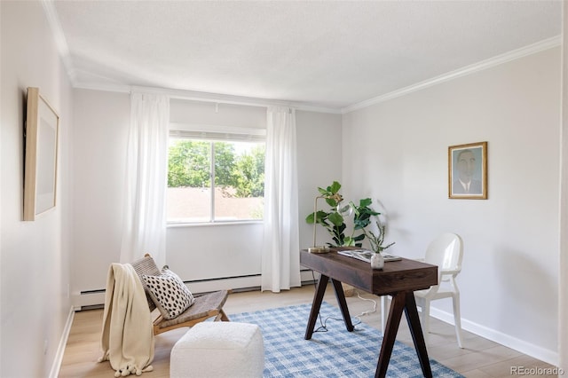 office space featuring light hardwood / wood-style floors, ornamental molding, and baseboard heating