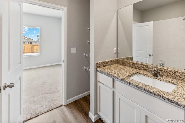 bathroom featuring baseboards, wood finished floors, and vanity