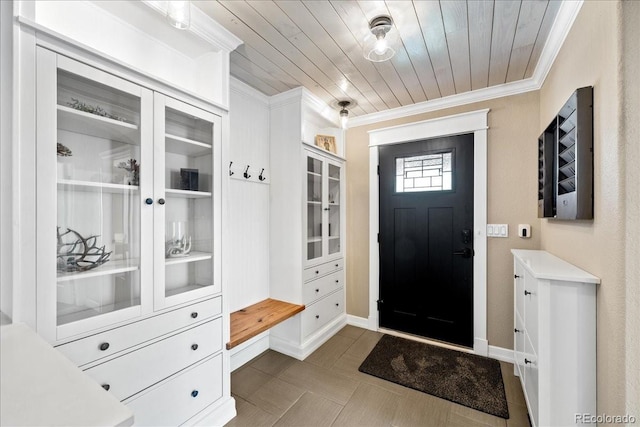 115 Quandary Ave, Berthoud, CO 80513 - mudroom featuring crown molding and wooden ceiling