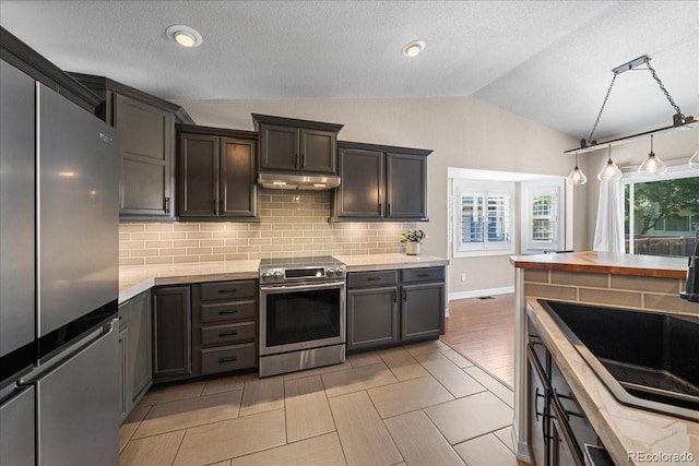 115 Quandary Ave, Berthoud, CO 80513 - kitchen featuring stainless steel appliances, vaulted ceiling, under cabinet range hood, light countertops, and decorative backsplash