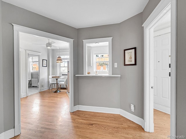 hall featuring radiator heating unit, baseboards, and light wood finished floors