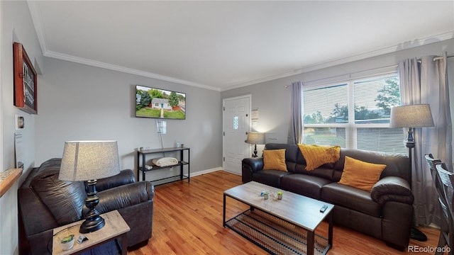 living area featuring baseboards, ornamental molding, and light wood-style floors