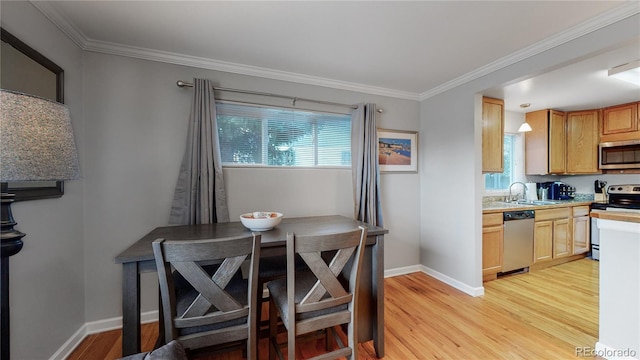 kitchen with plenty of natural light, appliances with stainless steel finishes, light countertops, light wood-style floors, and a sink