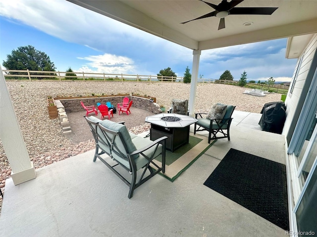 3974 Castle Vista Ln, Castle Rock, CO 80104 - fenced backyard featuring an outdoor fire pit, a patio, and ceiling fan