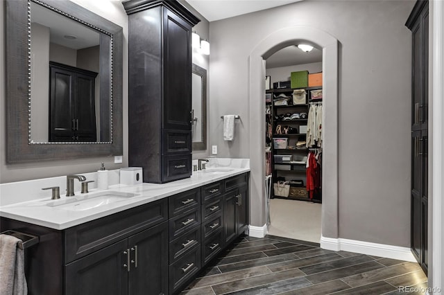 bathroom with double vanity, wood finish floors, a sink, and a walk in closet