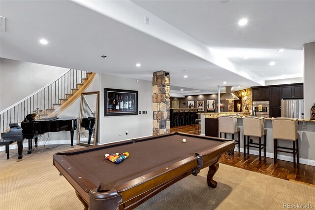 playroom featuring recessed lighting, billiards, and baseboards