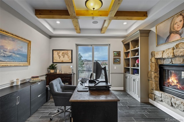 office area featuring wood tiled floor, baseboards, coffered ceiling, and beamed ceiling