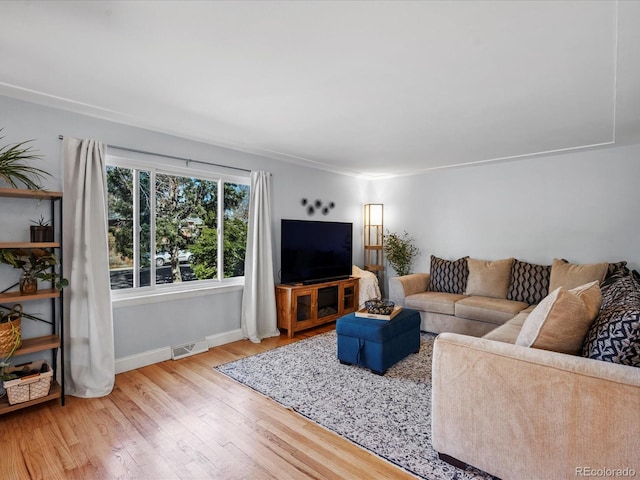 living area featuring visible vents, baseboards, and wood finished floors