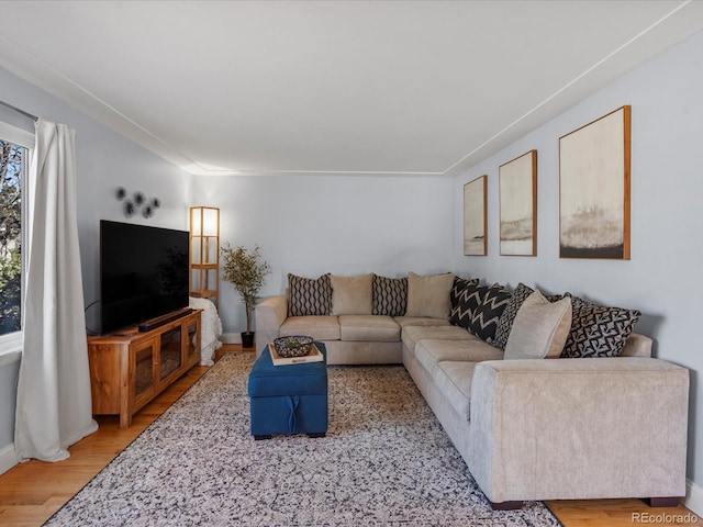 living area with baseboards and wood finished floors