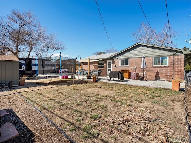 rear view of house with brick siding, a trampoline, an outbuilding, a storage unit, and a patio