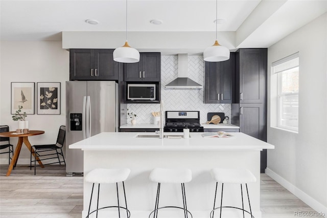 kitchen featuring pendant lighting, stainless steel appliances, tasteful backsplash, and wall chimney range hood