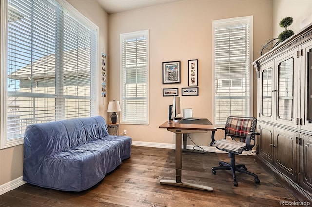 12114 Alcott St, Westminster, CO 80234 - office area with baseboards, dark wood-style flooring, and healthy amount of natural light