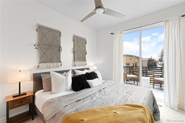 carpeted bedroom with baseboards, access to exterior, and ceiling fan