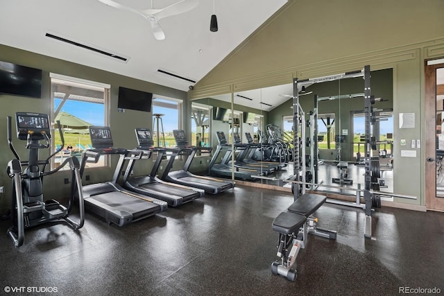 1143 Williams Loop, Elizabeth, CO 80107 - exercise room featuring ceiling fan and high vaulted ceiling