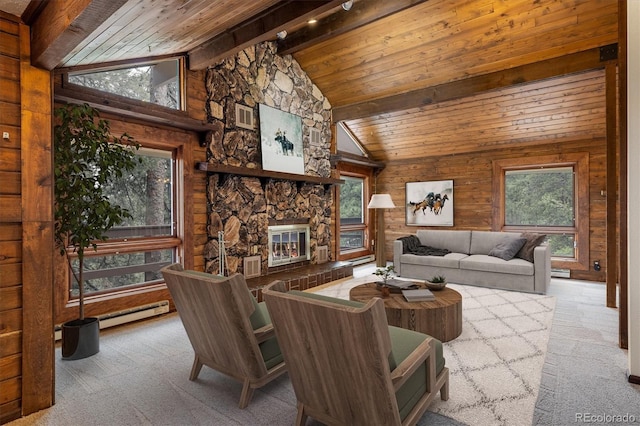 153 Divide View Dr, Golden, CO 80403 - living room with carpet flooring, wood ceiling, a stone fireplace, baseboard heating, and wood walls