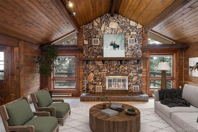 153 Divide View Dr, Golden, CO 80403 - carpeted living area featuring wood ceiling, a baseboard heating unit, wood walls, and a stone fireplace
