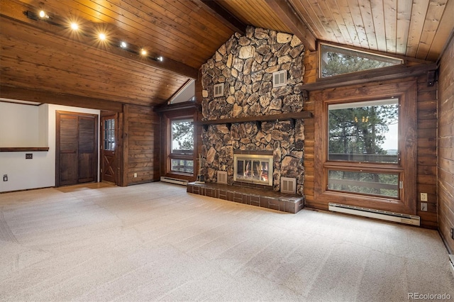 153 Divide View Dr, Golden, CO 80403 - unfurnished living room with a baseboard radiator, a wood ceiling with exposed beams, carpet floors, a fireplace, and high vaulted ceiling
