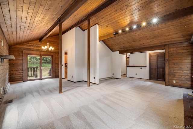 153 Divide View Dr, Golden, CO 80403 - unfurnished living room featuring a chandelier, wood ceiling, and carpet flooring